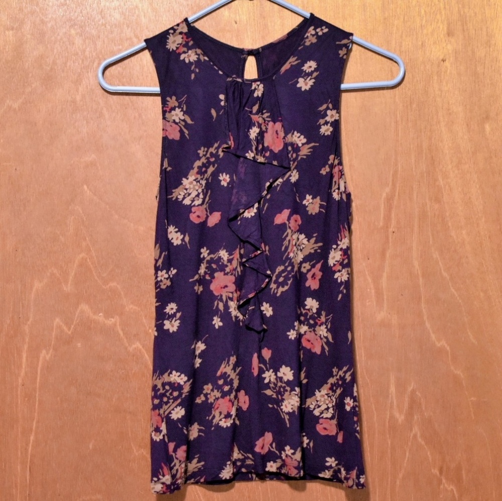 Chaps Purple Floral Ruffle Tank Top